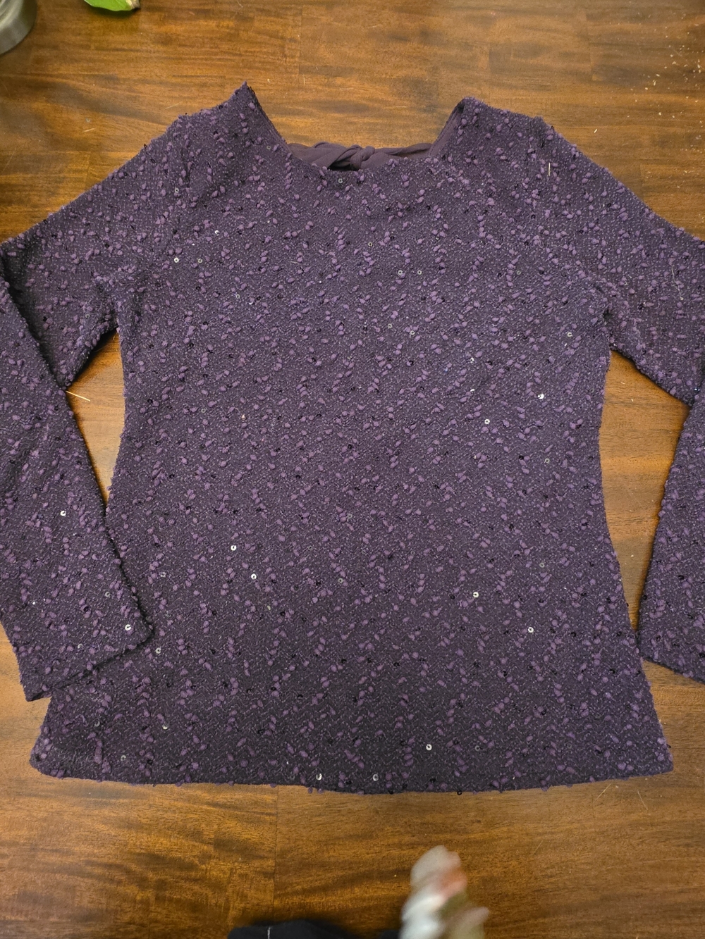 Jennifer Lopez Purple Sequin Sparkle Knit Top Chiffon Bow Tie Back